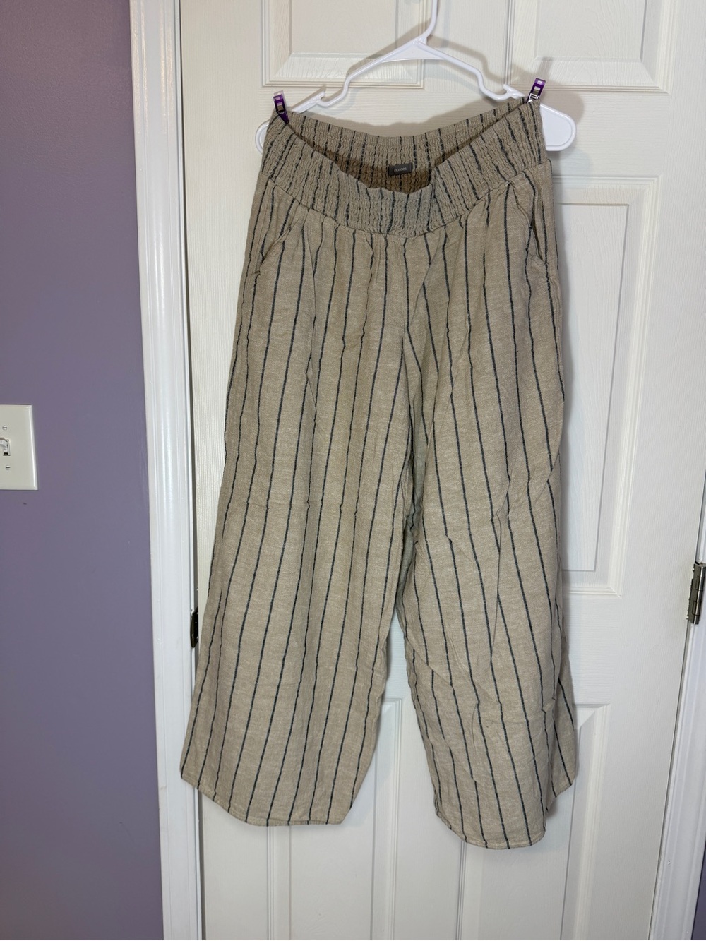 Maurices Beige Linen-Blend Wide Leg Pinstripe Pants